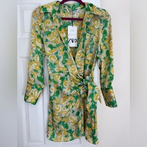 Zara Green and Yellow Patterned Wrap Dress